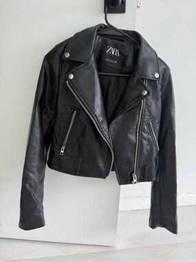 ZARA Black Faux Leather Asymmetric Moto Jacket with Silver Hardware